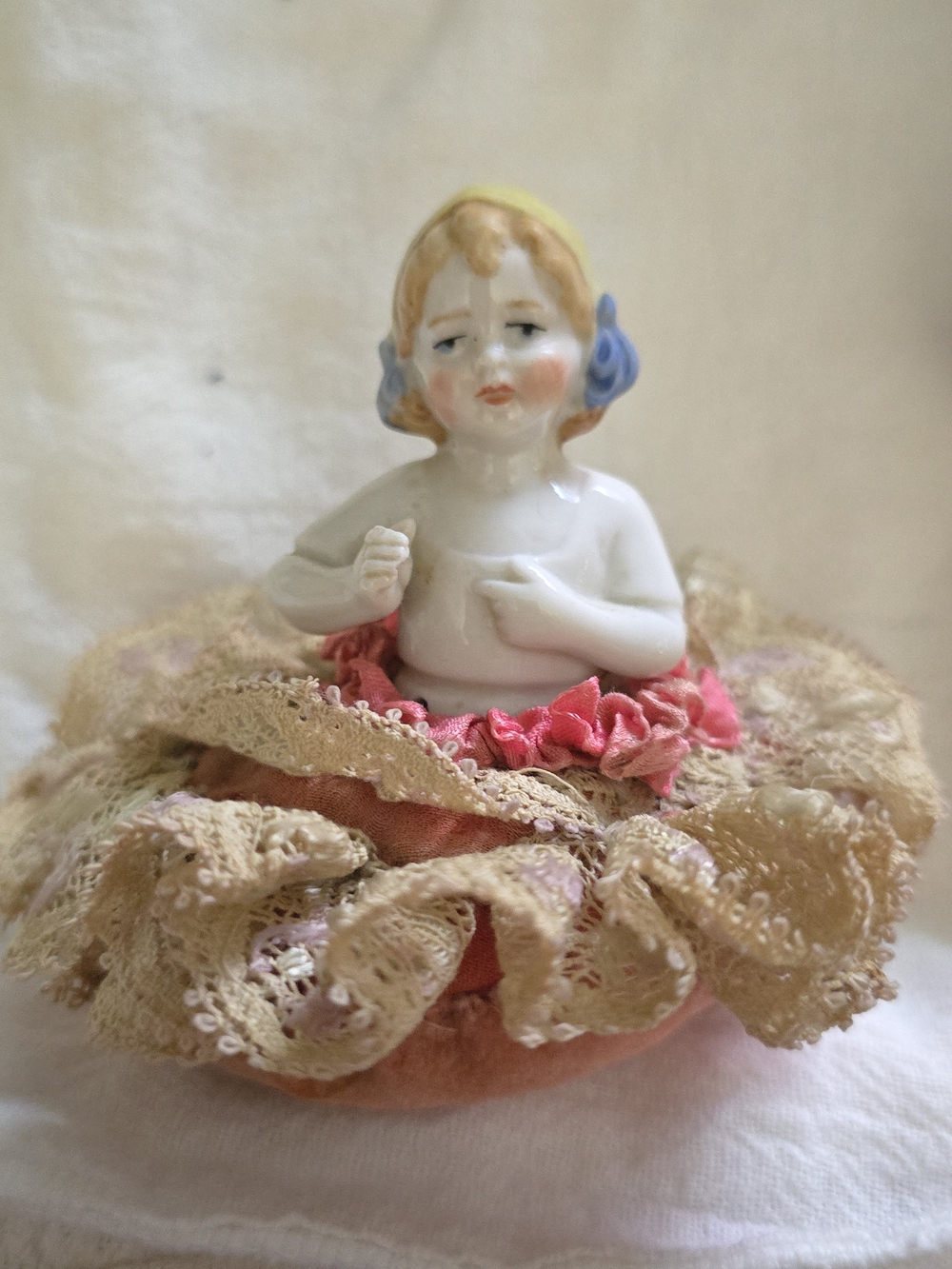 Antique German Porcelian Half Doll Pincushion Hertwig Style